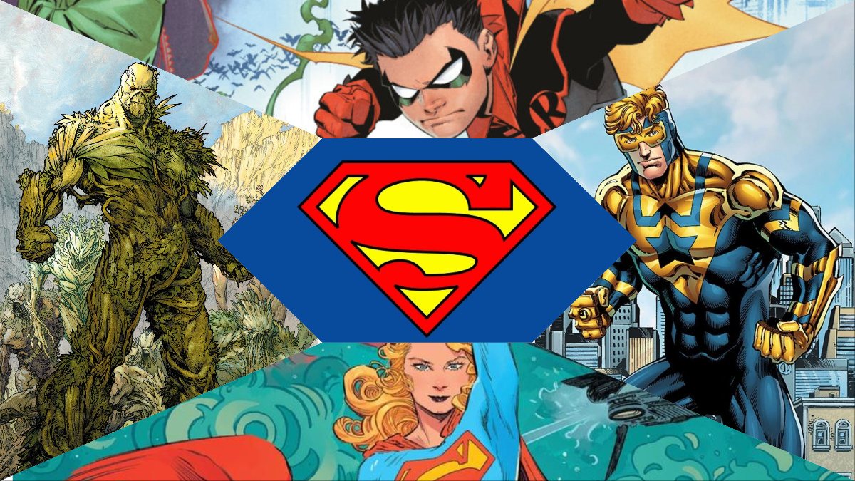 Collage of images from DC Comics, including Superman's symbol, Supergirl, Damian Wayne's Robin, Swamp Thing, and Booster Gold.