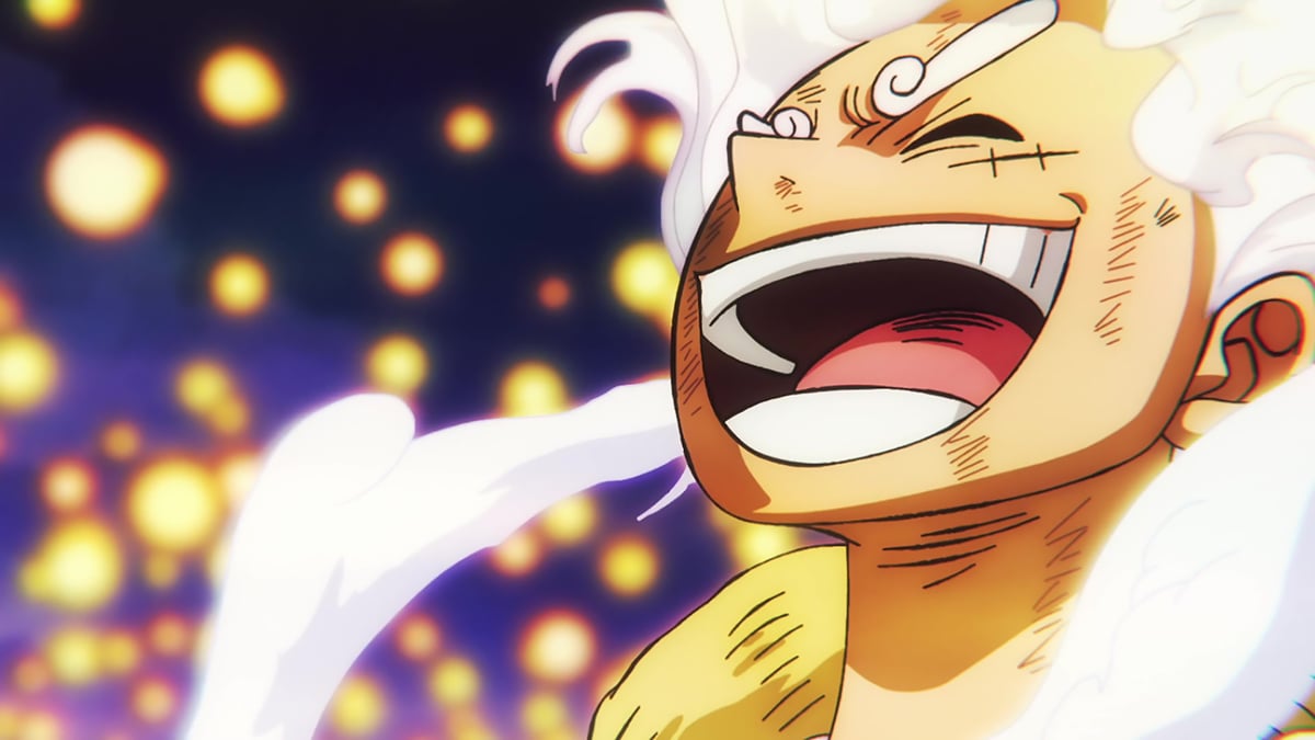 Luffy in Gear 5 mode, smiling after beating Kaido in episode 1076 of One Piece