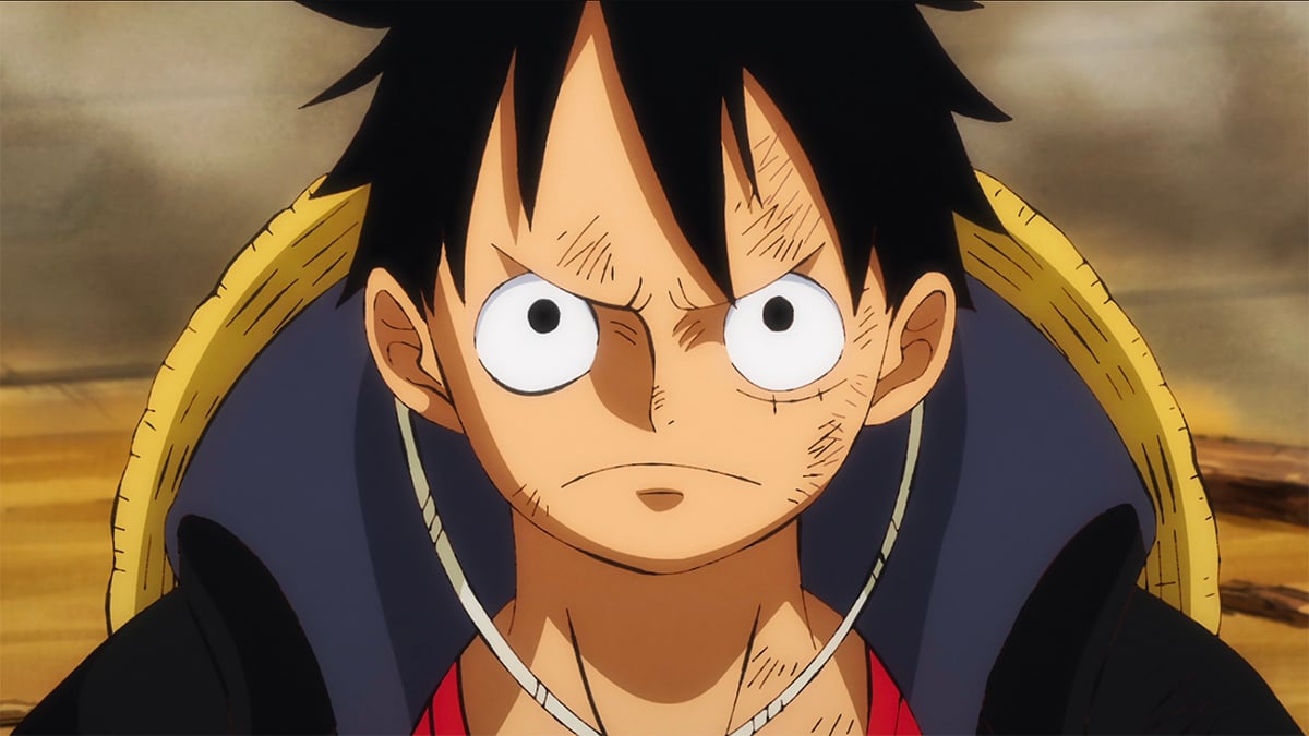 Luffy in Wano with the straw hats behind him.